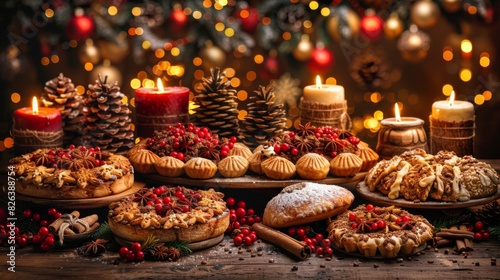 Illustrate a cozy Christmas background with a warm and inviting kitchen  filled with the delicious aromas of holiday baking.