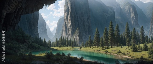 Fantastic landscape. View from the caves. Green alpine valleys. Rocky mountains. Rocks rising into the sky. Mountain river and lake. Dense forest. Bright sunny day. Mountain background in haze. photo