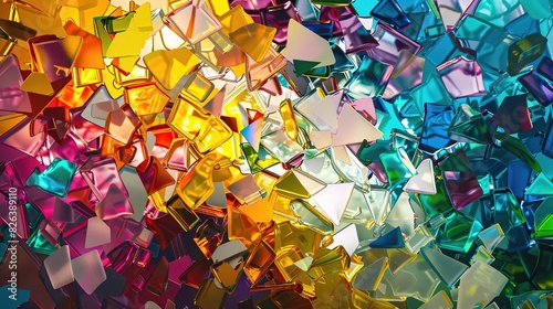 An abstract bright colors. It looks like a bunch of small  randomly-shaped pieces of glass that have been put together to form a larger shape. 