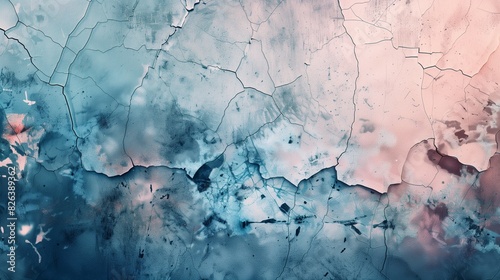 A serene yet haunting image where deep grunge textures merge into a cracked, shattered surface, softened by delicate pastel blues and pinks. photo