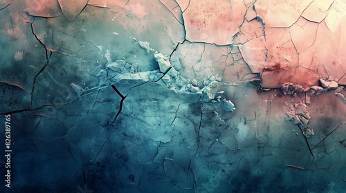 A serene yet haunting image where deep grunge textures merge into a cracked, shattered surface, softened by delicate pastel blues and pinks. photo