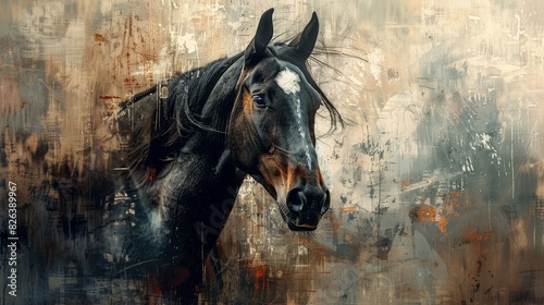 Intricate Portrait of a Dark Horse Against a Backdrop of Abstract, Splattered Paint in a Modern Art Style.