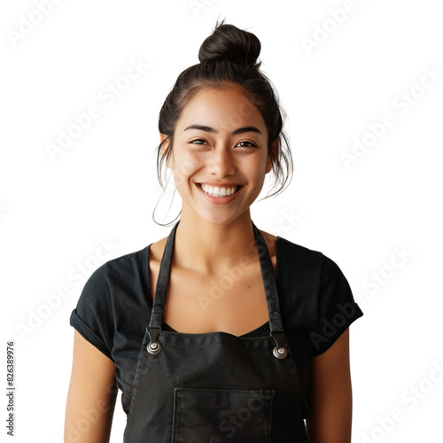 A very confident and inviting black hair female barista in a black uniform on an isolated background