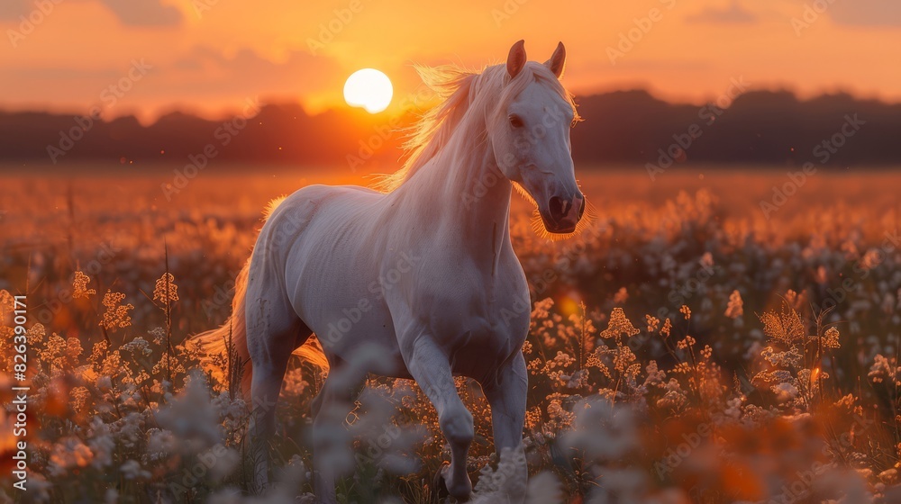A Serene White Horse Stands Amid a Blossoming Meadow, Bathed in the Warm Glow of a Setting Sun. A Serene White Horse Stands Amid a Blossoming Meadow, Bathed in the Warm Glow of a Setting Sun.