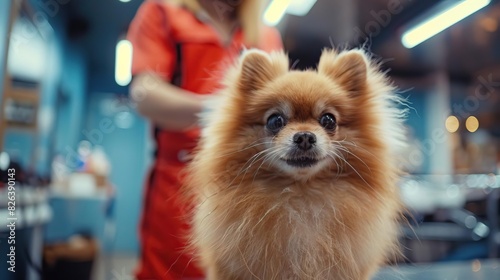 Commercial image of grooming a Spitz Pomeranian in a pet salon, featuring a cheerful groomer and a wellbehaved dog in a professional, brightly lit setting