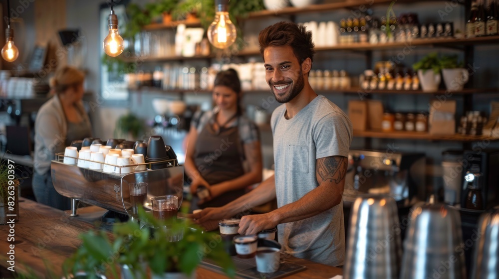 A modern coffee shop bustling with activity, the owner smiling while serving a customer, baristas working efficiently behind the counter, creating a welcoming and vibrant atmosphere A modern coffee shop bustling with activity, the owner smiling while serving a customer, baristas working efficiently behind the counter, creating a welcoming and vibrant atmosphere