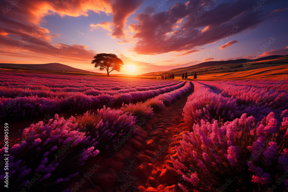 A Photorealistic Landscape of Vast Lavender Fields in Full Bloom, with Gently Rolling Hills and a Golden Hour Sky