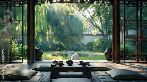 Traditional Chinese tea ceremony in a serene garden  photo