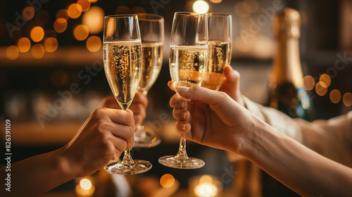 A group of people are toasting with sparkling wine in champagne flutes with a blurry background