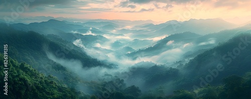 Lush Mountain Gorge Shrouded in Misty Dawn Haze Tranquil and Mysterious Natural Landscape Scenery with Copy Space