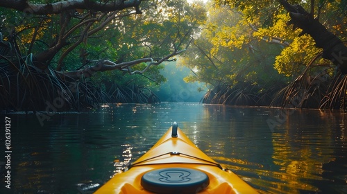 Eco friendly Kayak Excursion Through Lush Mangrove Waterways of a Pristine Tropical Forest Landscape