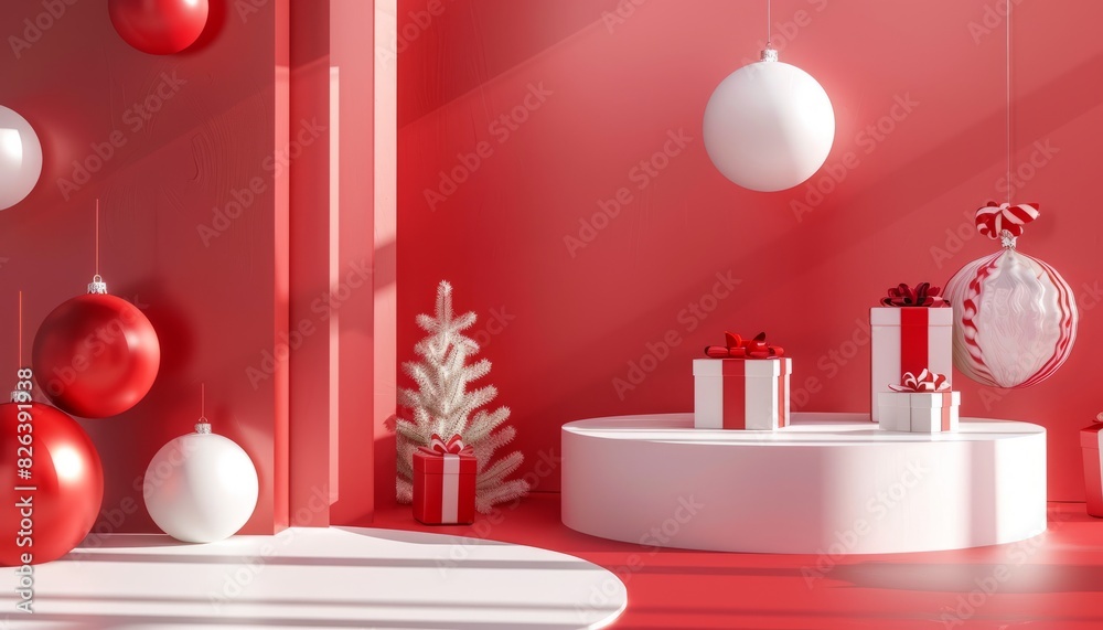 A festive holiday podium scene set for Christmas and New Year sales, featuring a minimalist red and white decoration with gift boxes A festive holiday podium scene set for Christmas and New Year sales, featuring a minimalist red and white decoration with gift boxes