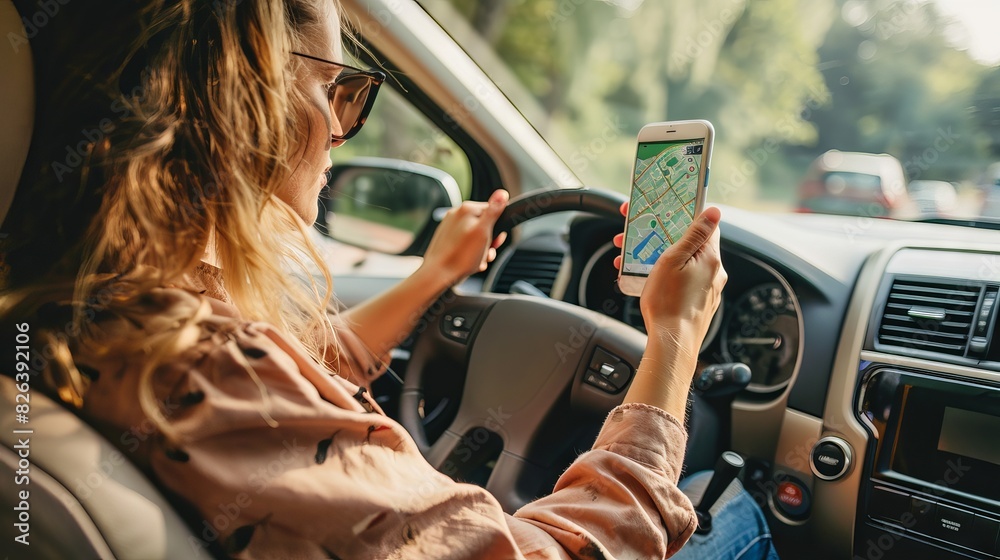 woman driving car holding phone with map app open, real photo 