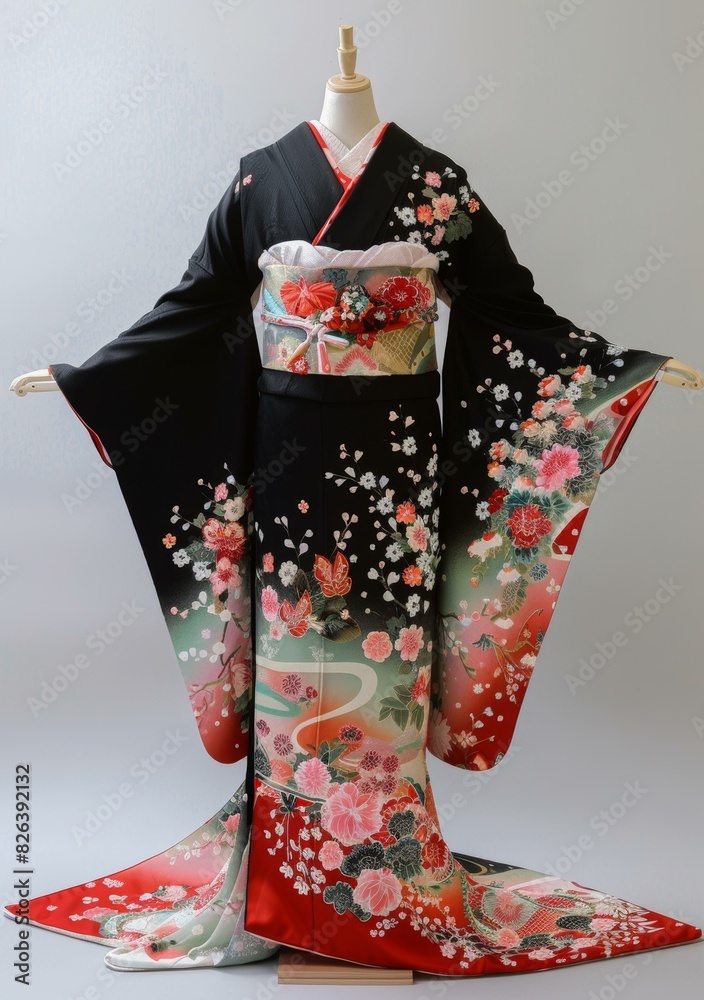 Naklejka premium A woman wearing a black kimono with red and pink floral patterns.