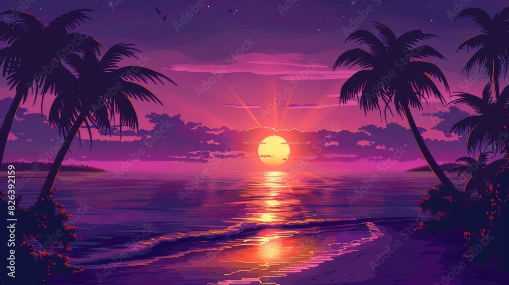 Digital art of a tranquil sunset on a palm-fringed beach with a vibrant purple sky