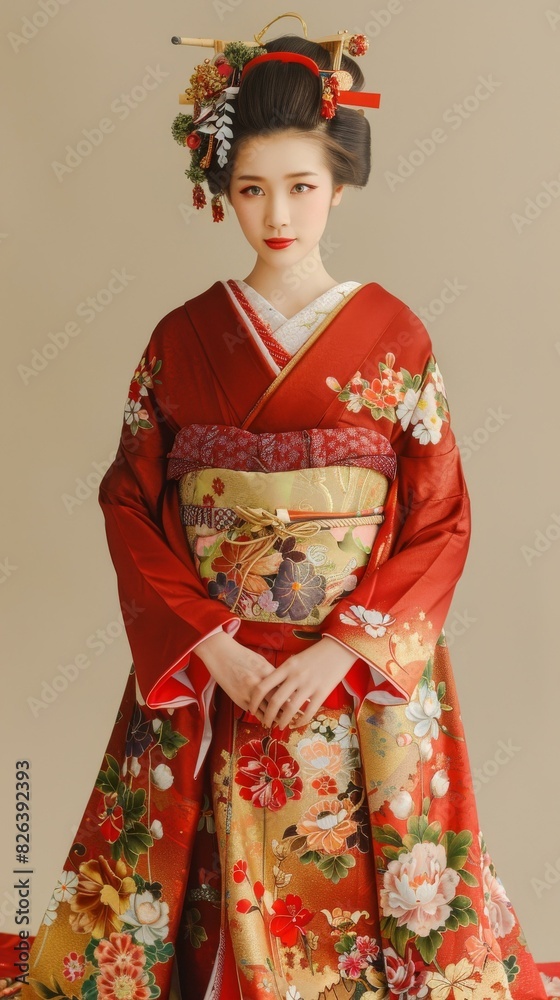 Fototapeta premium A Japanese woman wearing a red kimono with floral patterns