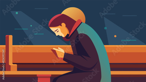 Soft instrumental music plays in the background as a person sits in a pew their bowed head reflecting on their personal relationship with a higher. Vector illustration