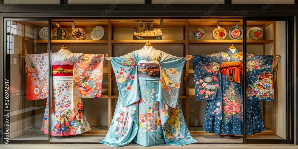 Fototapeta premium Four colorful kimono with floral patterns on display in a glass case