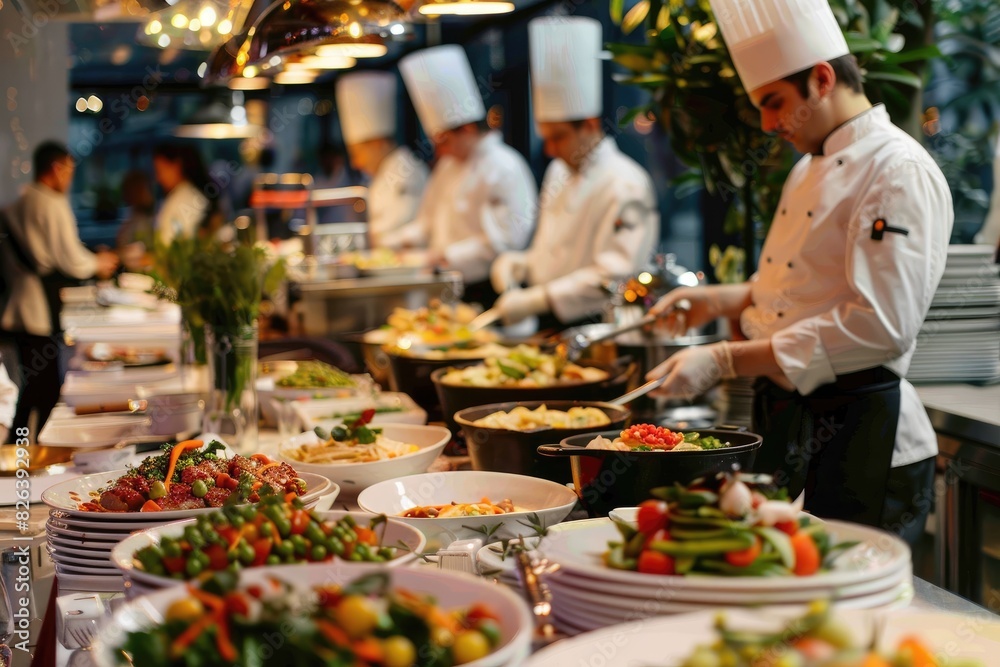 A bustling catering event, with chefs preparing exquisite dishes in an open kitchen. Catering buffet food indoor in restaurant