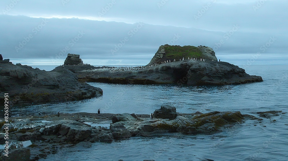   A cluster of individuals perched atop a substantial sea cliff, adjacent to a water expanse