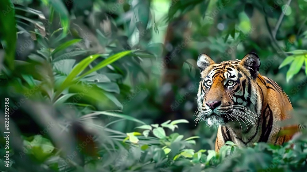 Fototapeta premium A tiger strolling through a green forest, its blurred face in the foreground