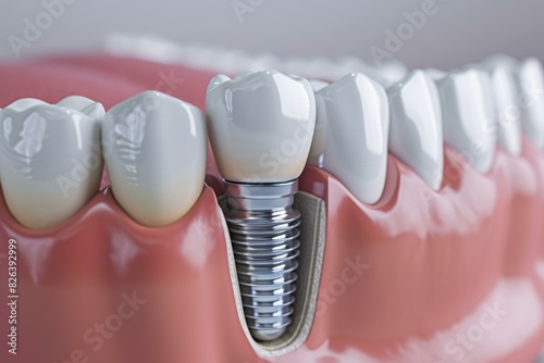 3d illustration of a titanium dental implant in the lower jaw photo