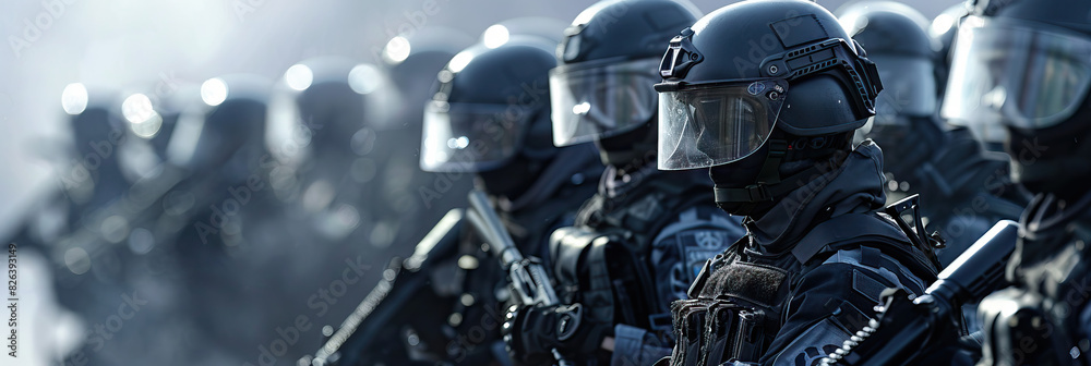 Fototapeta premium Training and Preparedness (Gray): Signifies the importance of police training and preparedness in effectively managing protests and ensuring public safety.