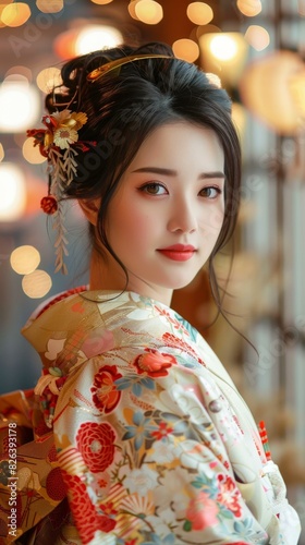 Portrait of a beautiful Asian woman in traditional Japanese kimono