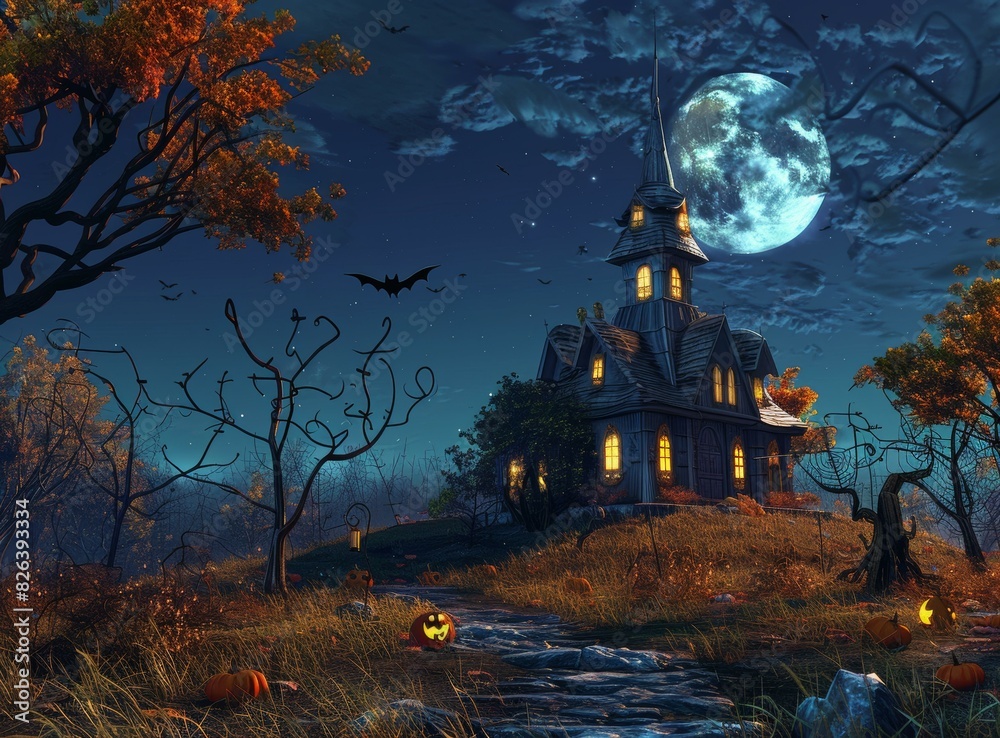 Halloween Pumpkin House in the Moonlight