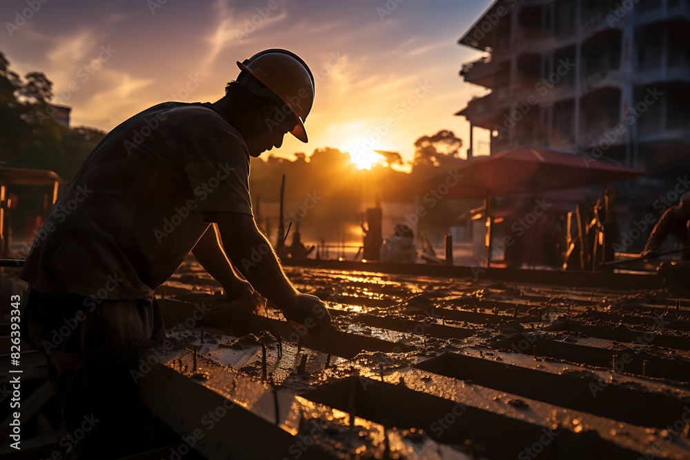 Construction worker at work in the building site at sunset time, Construction worker at work in the building site at sunset time,