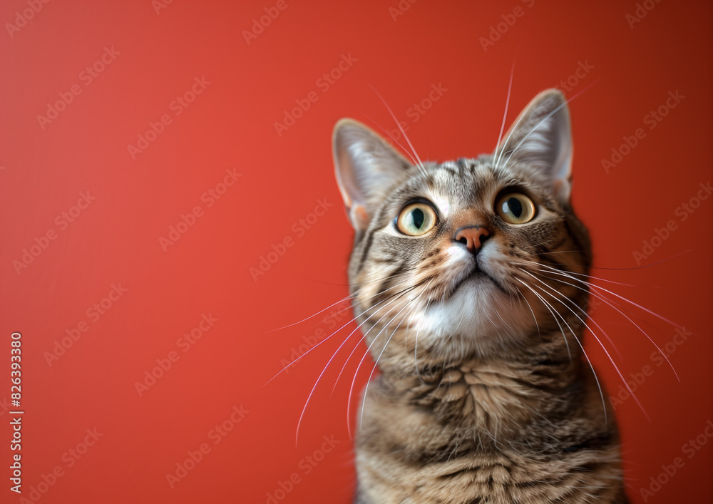 Obraz premium Portrait of a british shorthair cat, gazing attentively upwards, set against a bold red background
