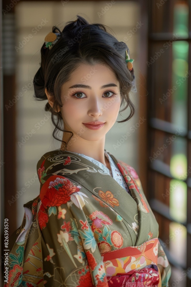 Portrait of a beautiful Japanese woman in traditional kimono