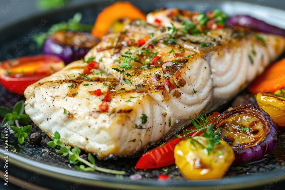 Grilled fish fillet with vegetables on a plate. Grilled fish fillet with vegetables on a plate.
