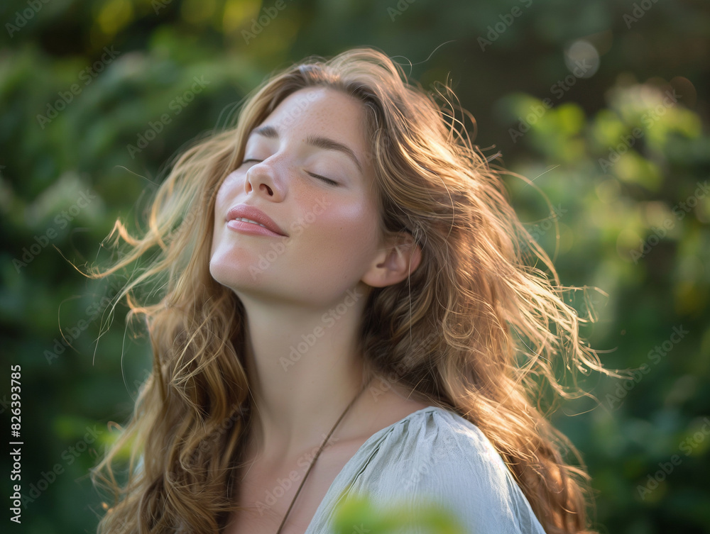 Serene woman with wavy hair enjoying nature, eyes closed in peaceful contemplation, surrounded by lush greenery, capturing a moment of tranquility and natural beauty perfect for lifestyle Serene woman with wavy hair enjoying nature, eyes closed in peaceful contemplation, surrounded by lush greenery, capturing a moment of tranquility and natural beauty perfect for lifestyle