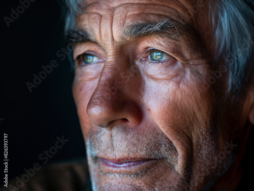 Close-up portrait of an elderly man with expressive eyes, showcasing the depth of his wrinkles and the character in his face, perfect for themes of aging, wisdom, and life experience.