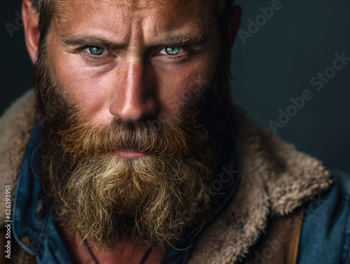 Rugged man with intense eyes and a thick beard, wearing a denim shirt and fur-lined jacket, exuding raw masculinity and strength, perfect for advertising outdoor gear or lifestyle brands. photo