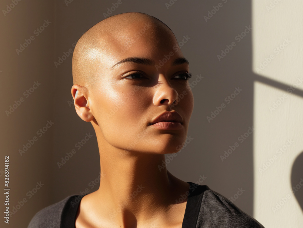 Stunning portrait of a bald woman bathed in natural light, showcasing flawless skin and confident expression, perfect for beauty, fashion, and empowerment themes. Stunning portrait of a bald woman bathed in natural light, showcasing flawless skin and confident expression, perfect for beauty, fashion, and empowerment themes.