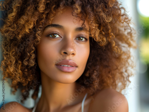 Stunning portrait of a young woman with captivating curly hair, glowing skin, and expressive eyes, perfect for beauty, fashion, and lifestyle promotions.