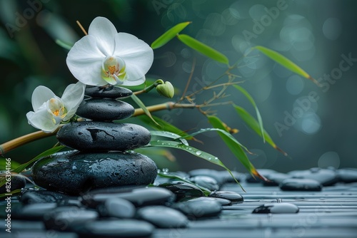 Spa stones  bamboo branches and white orchid