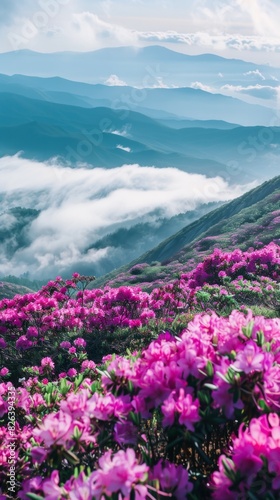 A beautiful mountain landscape with a field of pink flowers © liliyabatyrova