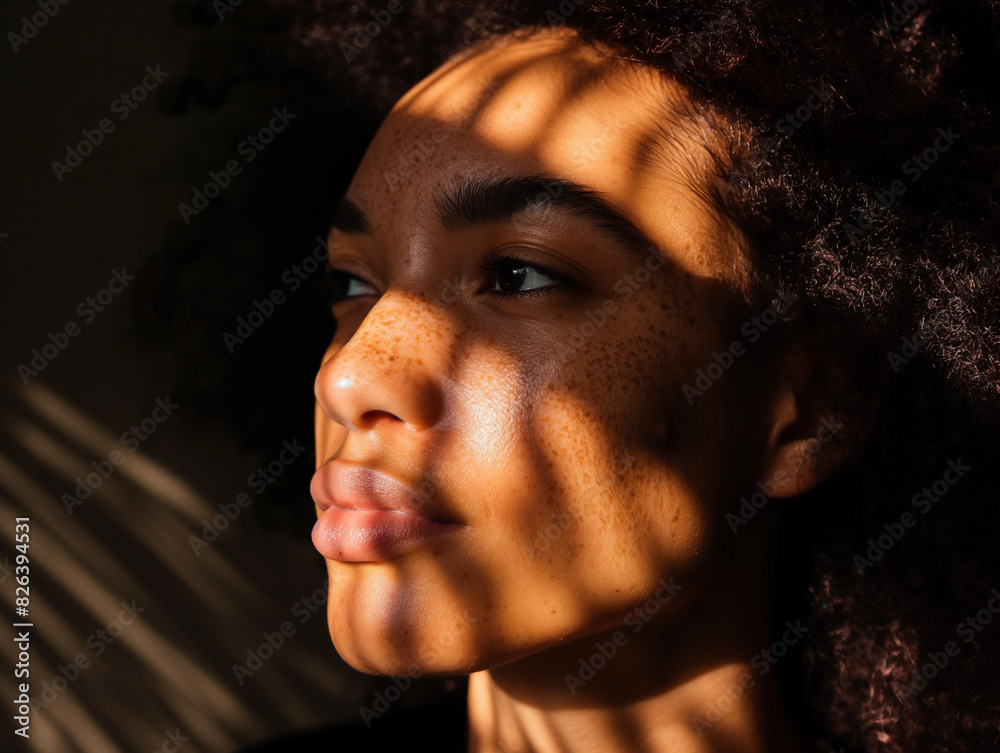 A close-up portrait of a woman with natural curly hair and freckles, accentuated by artistic light and shadow patterns, capturing a serene and introspective moment, perfect for beauty A close-up portrait of a woman with natural curly hair and freckles, accentuated by artistic light and shadow patterns, capturing a serene and introspective moment, perfect for beauty