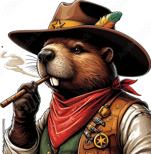 illustration of cute cartoon beaver sheriff in cowboy hat