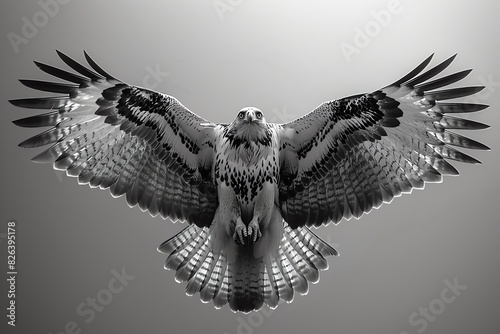 Black and white photo of a hawk with wings spread wide. photo
