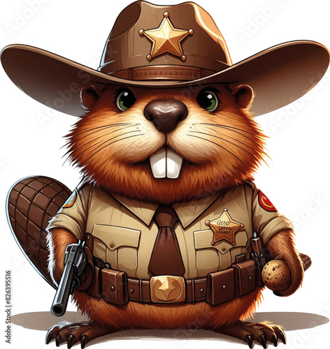 illustration of cute cartoon beaver sheriff in cowboy hat