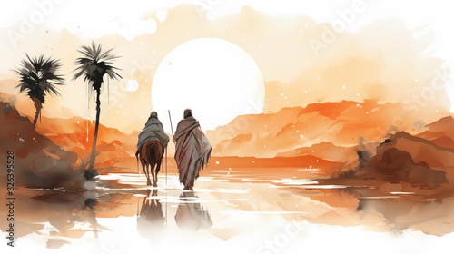 Journey to Bethlehem Mary and Joseph traveling to Bethlehem, with Mary on a donkey and Joseph leading the way, capturing the anticipation of Jesus birth