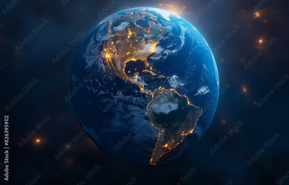 AI generated illustration of a planet with stars in the background and lights on the planet AI generated illustration of a planet with stars in the background and lights on the planet