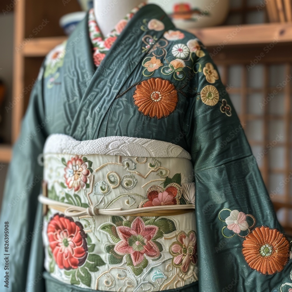 A close-up of a kimono with intricate embroidery