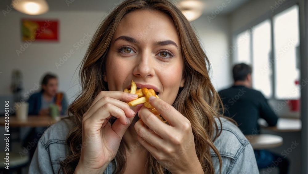Young Woman Enjoying Delicious French Fries: Close-Up Portrait Young Woman Enjoying Delicious French Fries: Close-Up Portrait