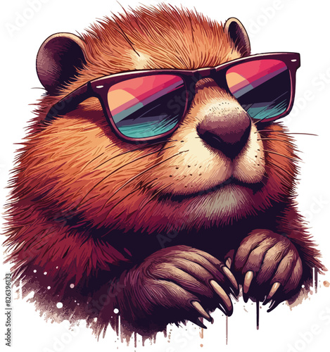 illustration of cool cartoon beaver in  sunglassses photo