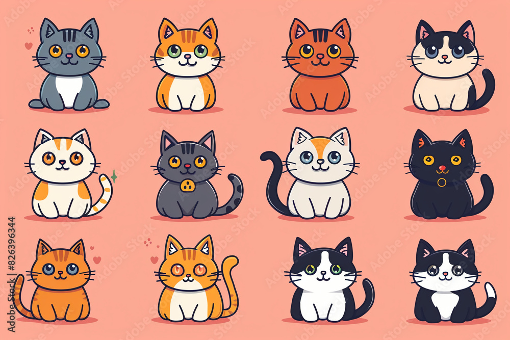 Fototapeta premium A grid of cute kawaii cat characters in the style of digital art and vector illustration, character design sheet, simple shapes with low details and flat colors, sticker designs in the style of vector